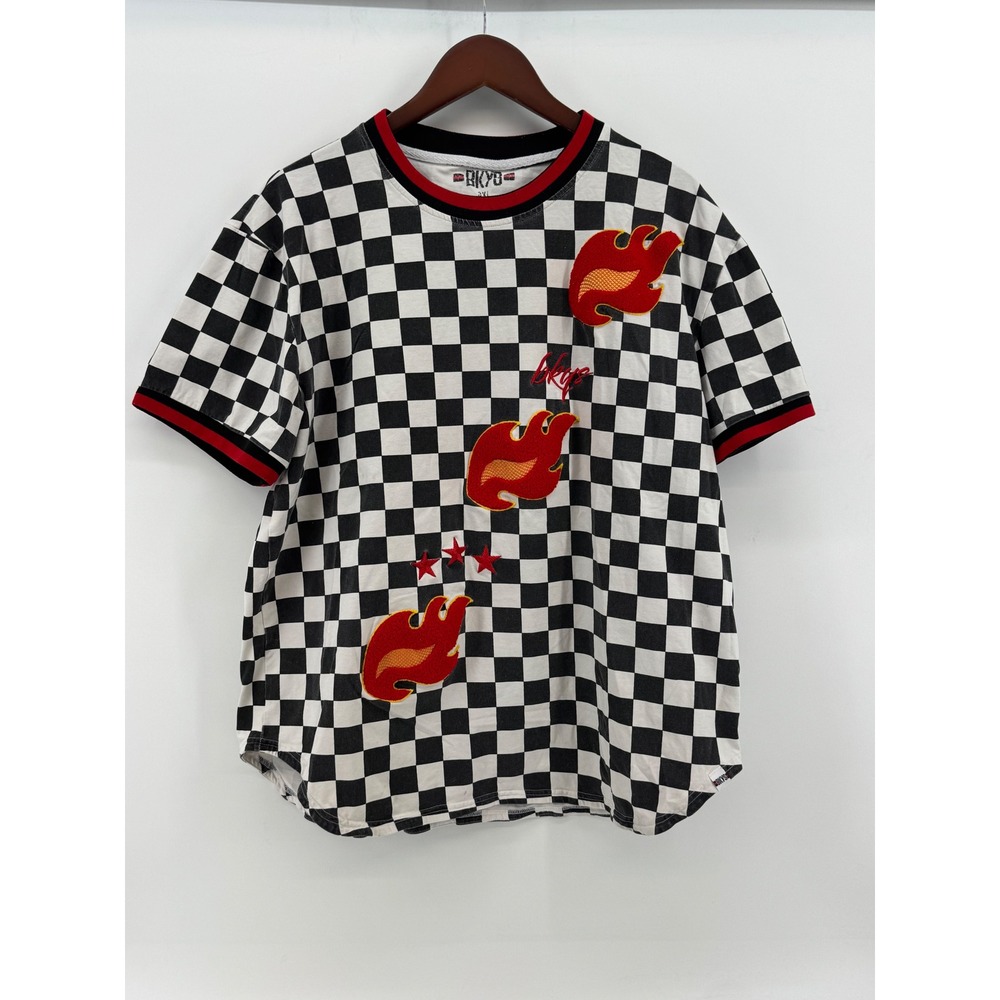 BKYS Mens 2XL Checkered Flame Patch‎ T-Shirt Black White Red Streetwear Graphic